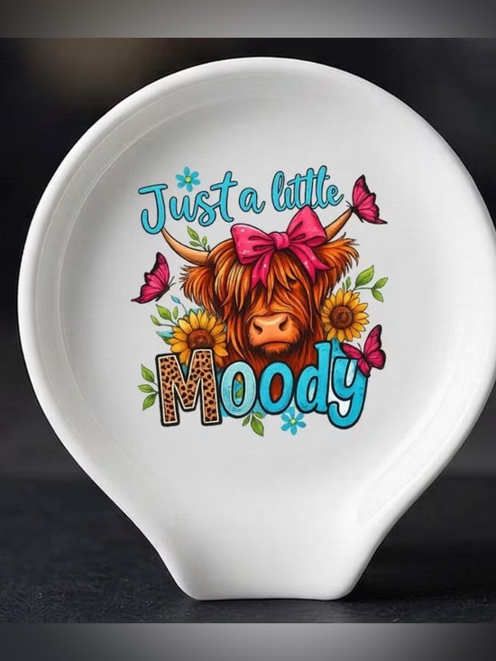 None Other - Ceramic Spoon Rest with 'Just a Little Moody' Cow Illustration - White